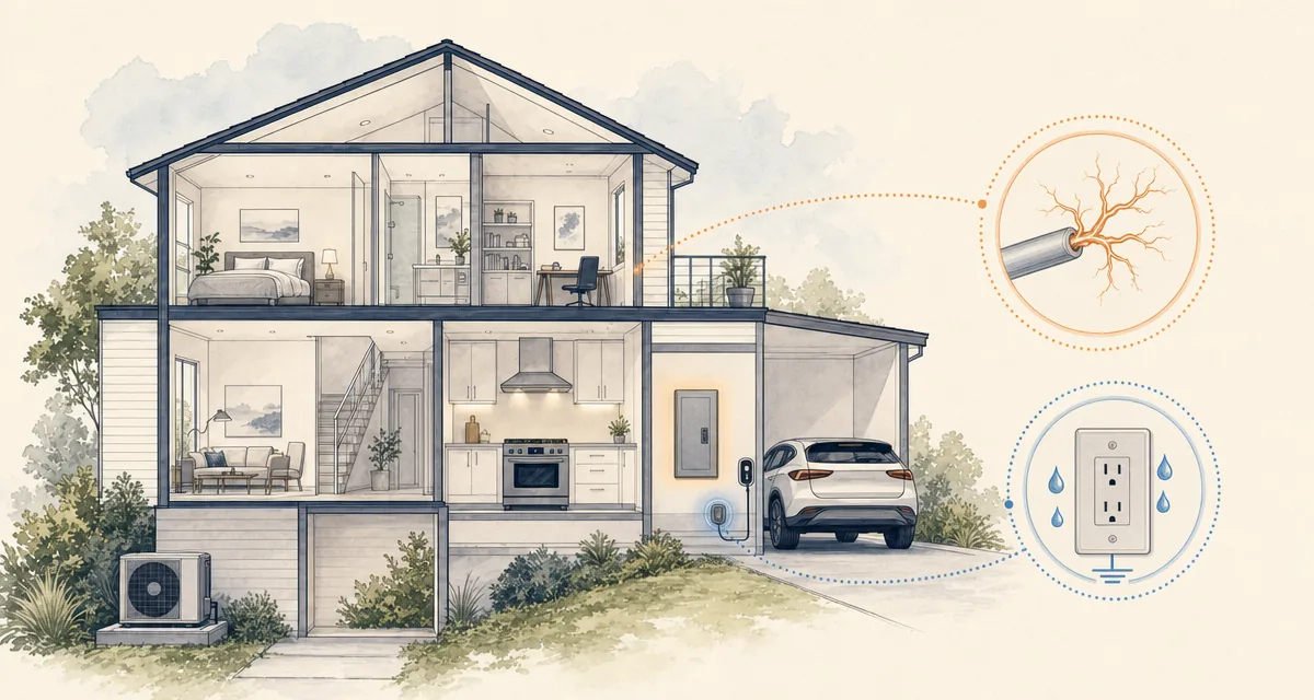 Cutaway home with an electrical panel, EV charger, and arc-fault and ground-fault symbols