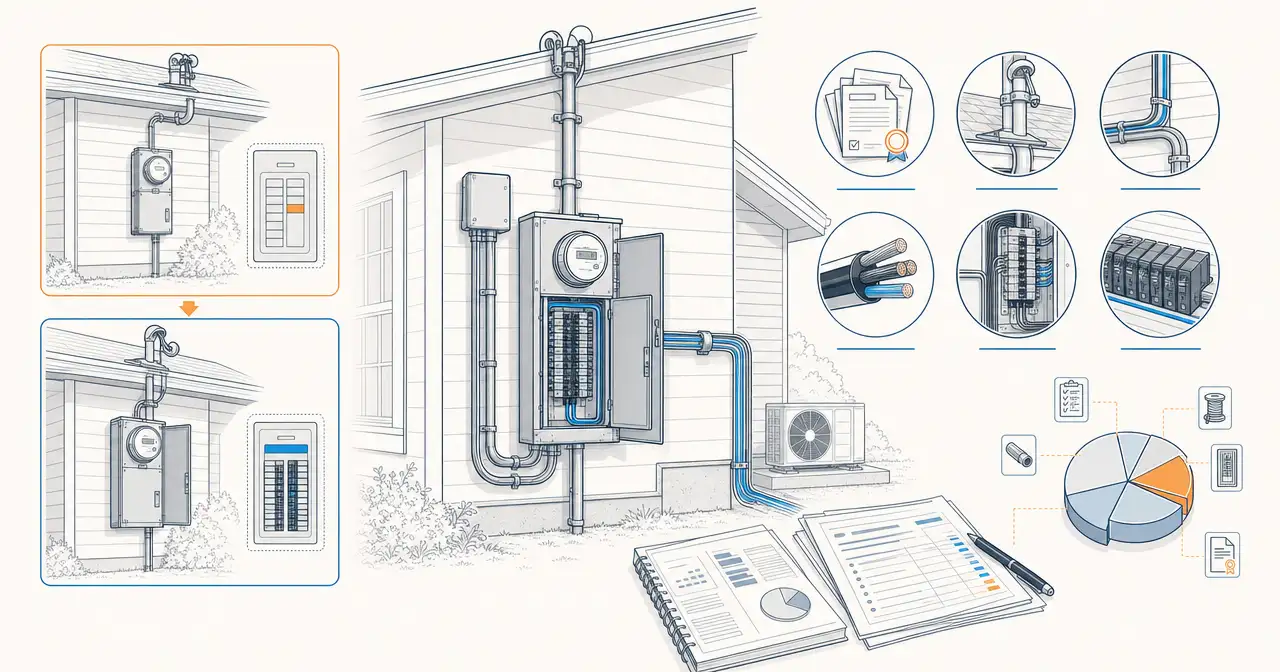 Illustrated home electrical service upgrade with a utility meter, 200-amp panel, permits, and a cost chart