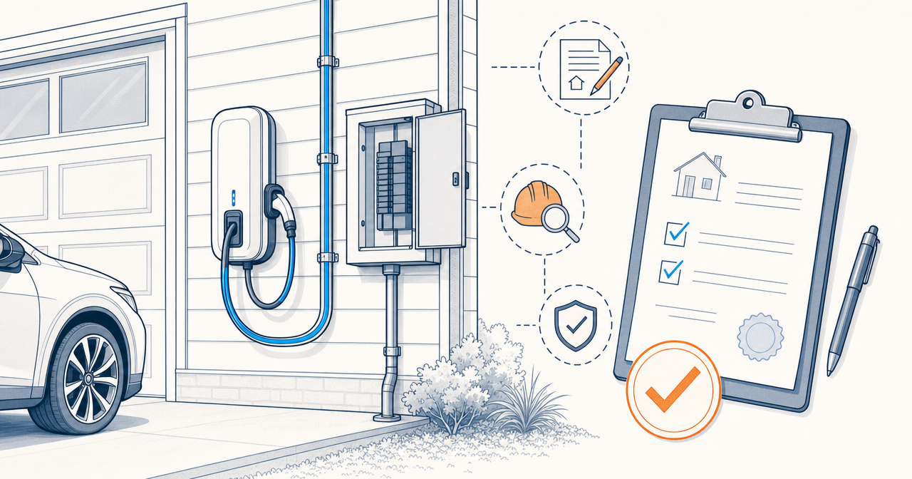 Home EV charger beside an electrical panel with a permit checklist