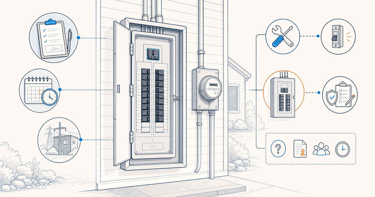 Residential electrical panel and exterior meter with permit checklist, inspection calendar, and utility planning symbols