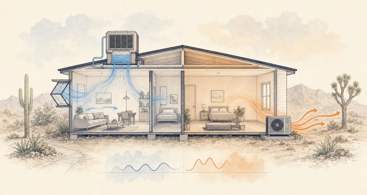 Home cutaway showing an evaporative cooler and air conditioner serving different rooms