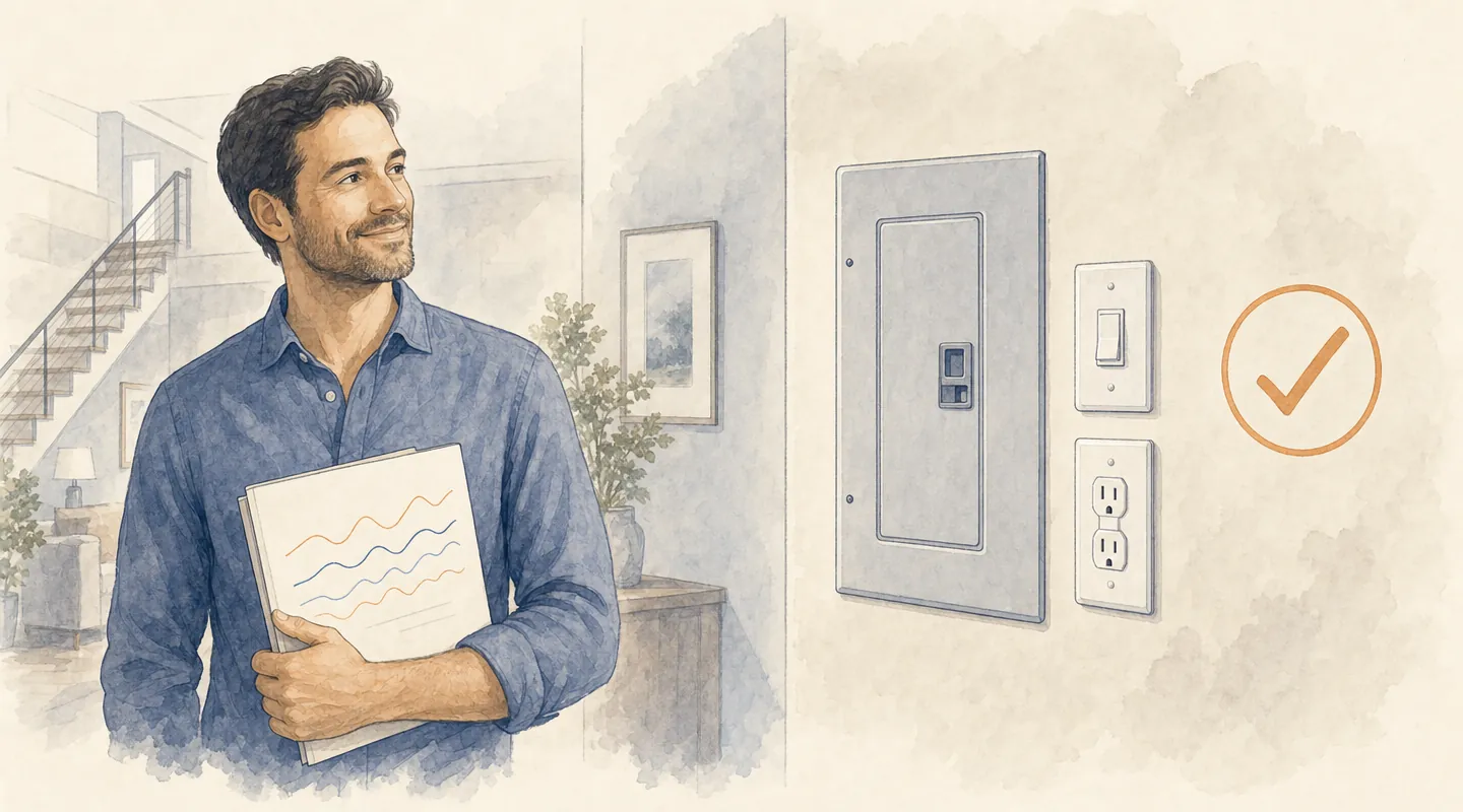 Homeowner reviewing an electrical inspection record beside a closed panel and finished receptacles
