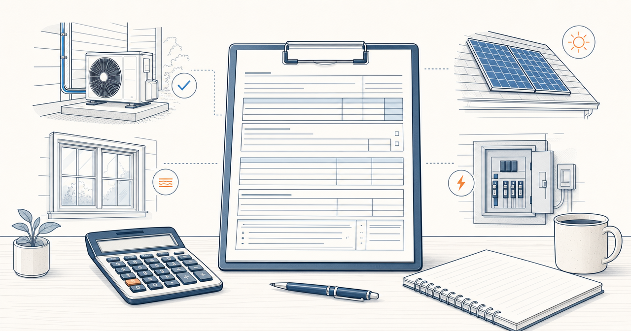 IRS Form 5695 worksheet surrounded by a heat pump, solar panels, windows, electrical panel, and calculator