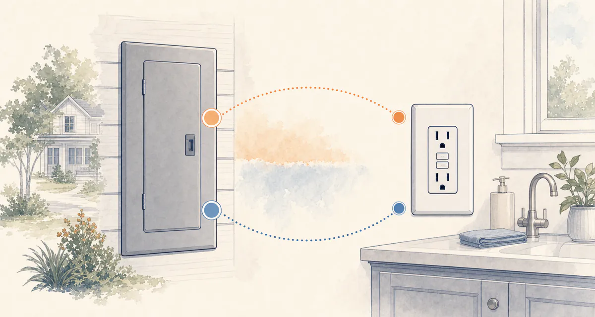 Closed electrical panel and GFCI receptacle showing two ways to place ground-fault protection