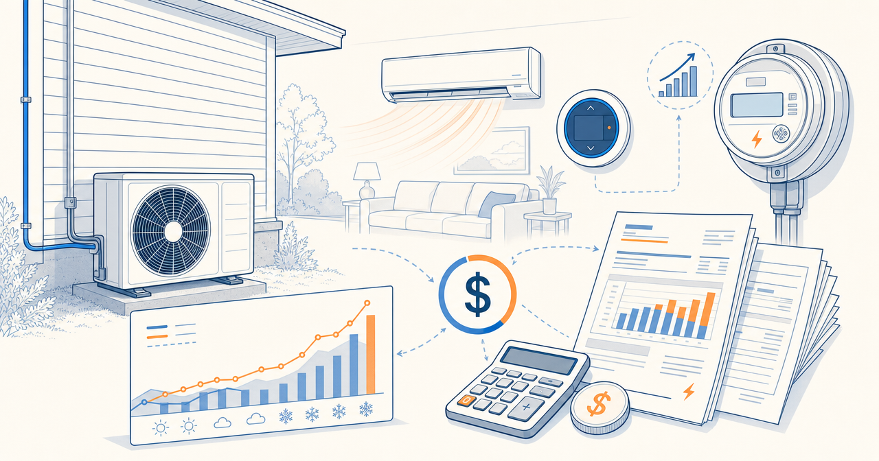 Air-source heat pump, electricity meter, calculator, and seasonal usage chart