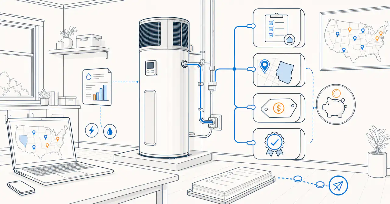A heat pump water heater beside a U.S. map, eligibility checklist, rebate tag, and paperwork icons.