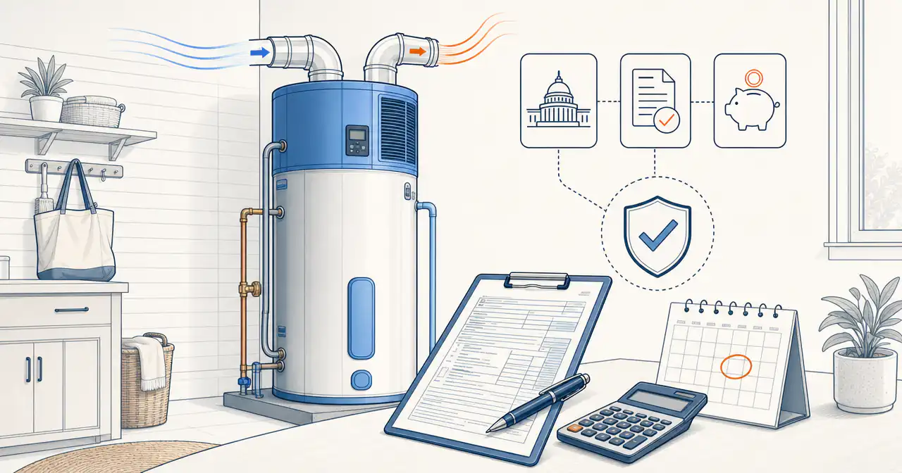 Heat pump water heater beside a federal tax form, calculator, calendar, and eligibility symbols