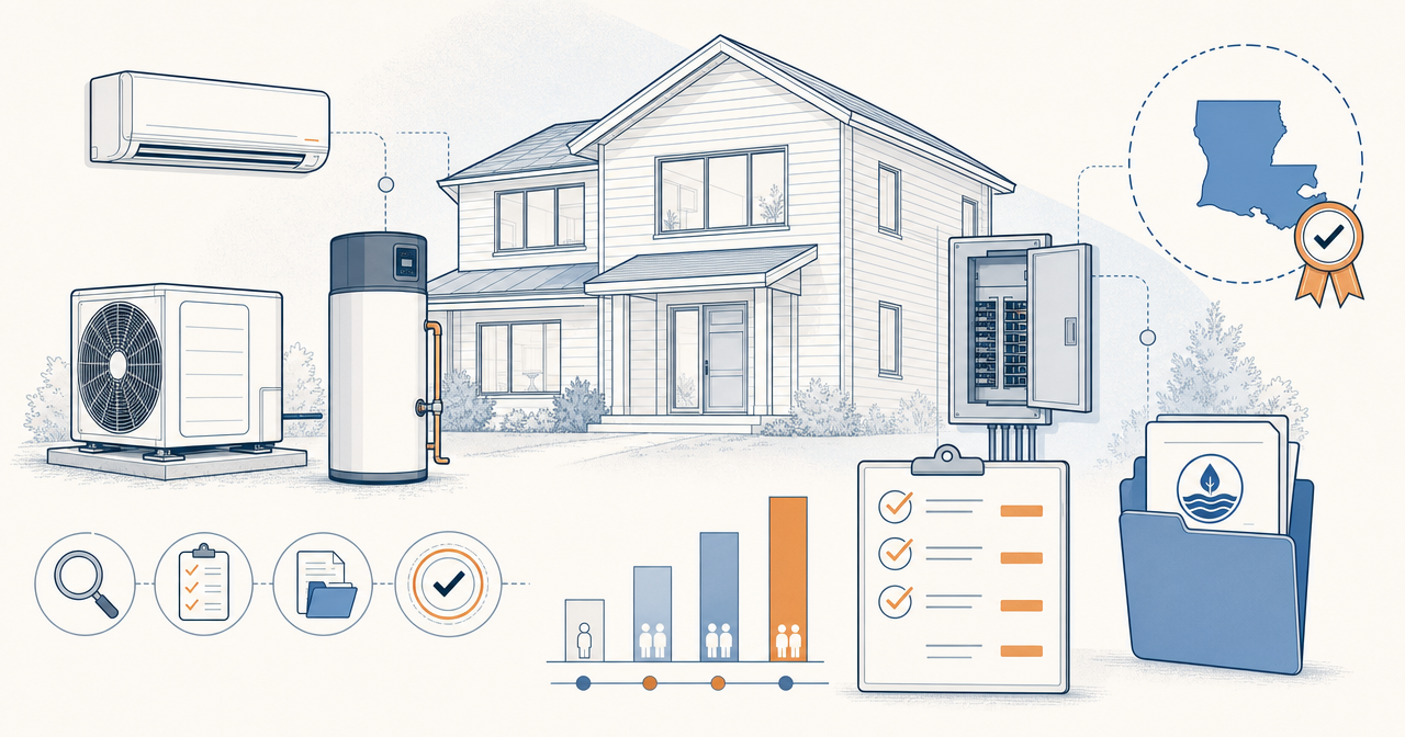 A home energy rebate checklist with heat pumps, an electrical panel, state status, and income approval icons