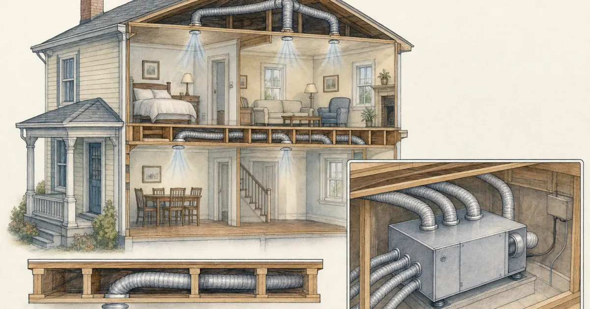 Cutaway old home with small-duct HVAC runs and compact air handler