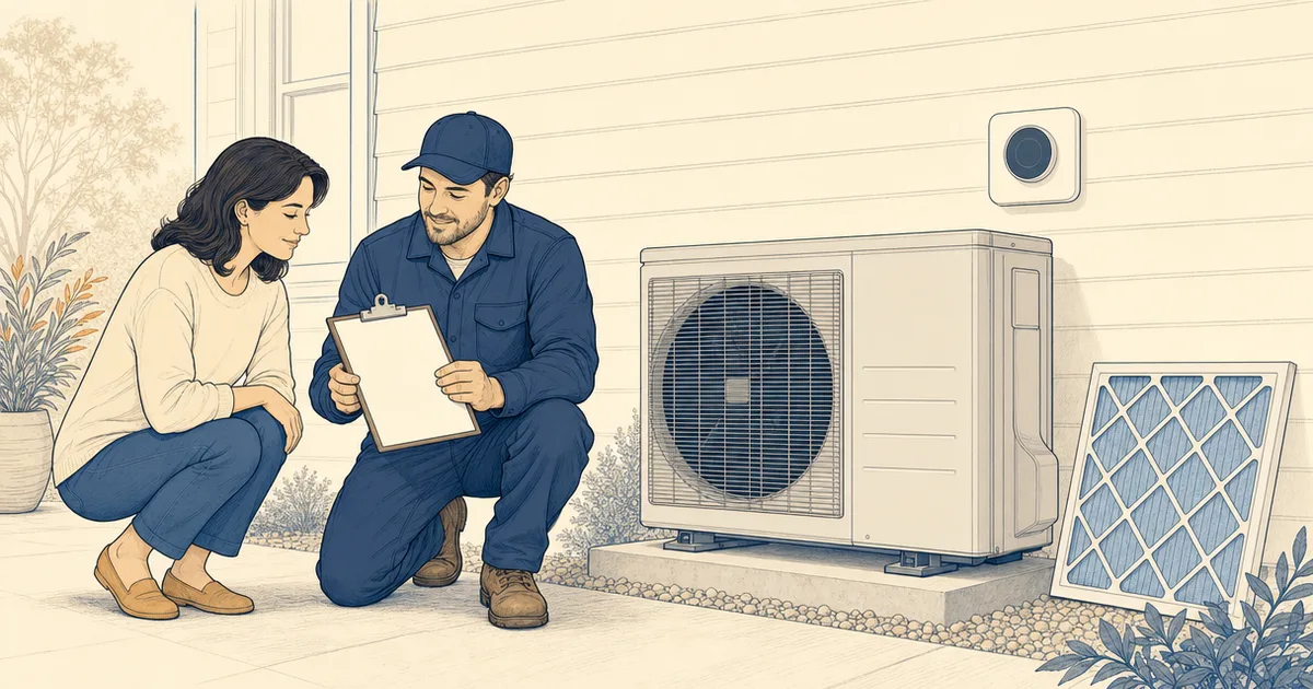 Homeowner and HVAC installer reviewing a completed system handoff
