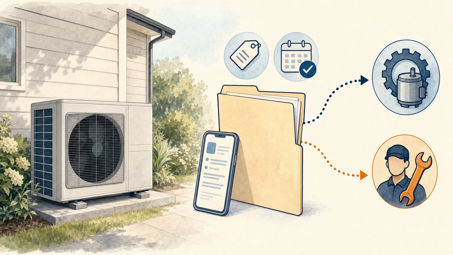 Closed heat pump, records folder, and two paths separating manufacturer parts from installer labor