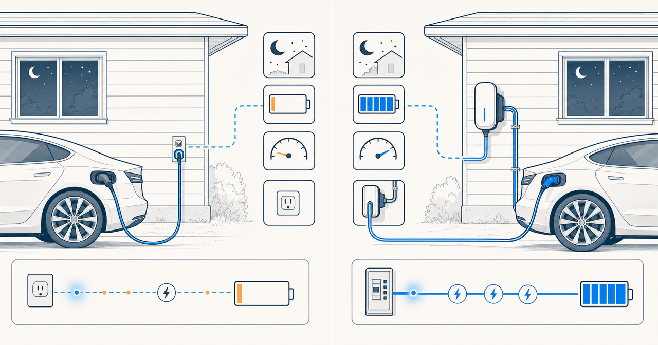 Illustration comparing an EV plugged into a standard outlet with an EV connected to a wall-mounted 240V home charger.