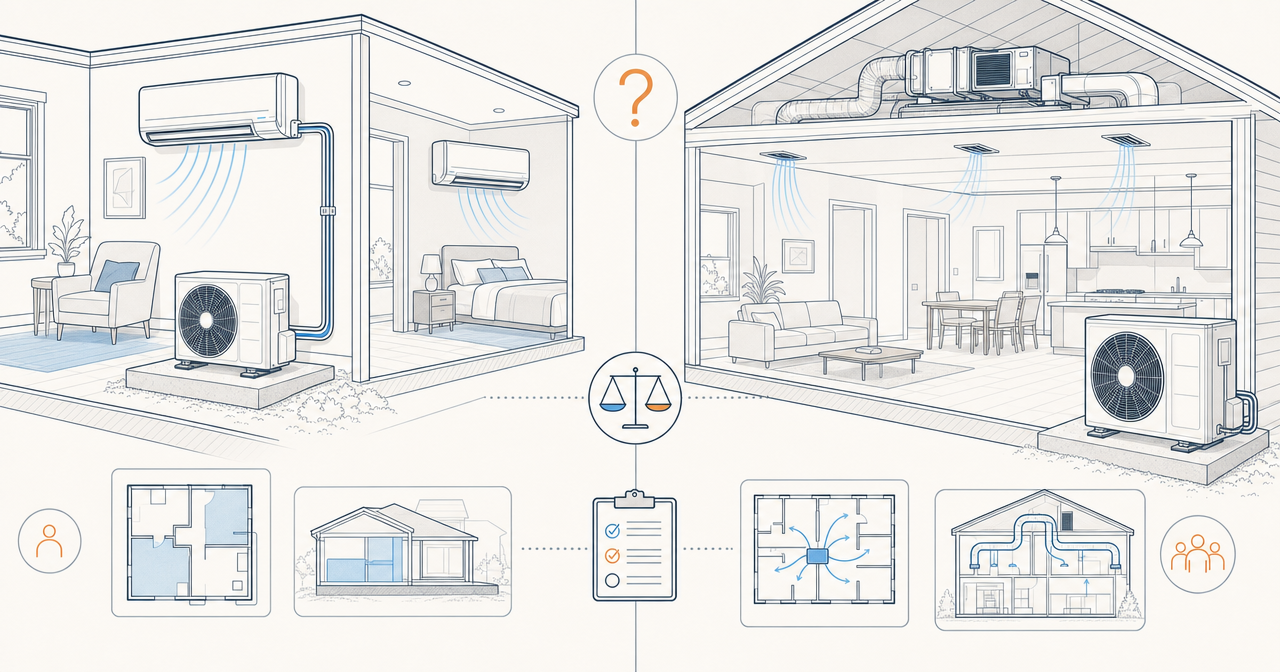 Illustration comparing a ductless mini-split with room air handlers and a ducted heat pump distributing air through ceiling vents
