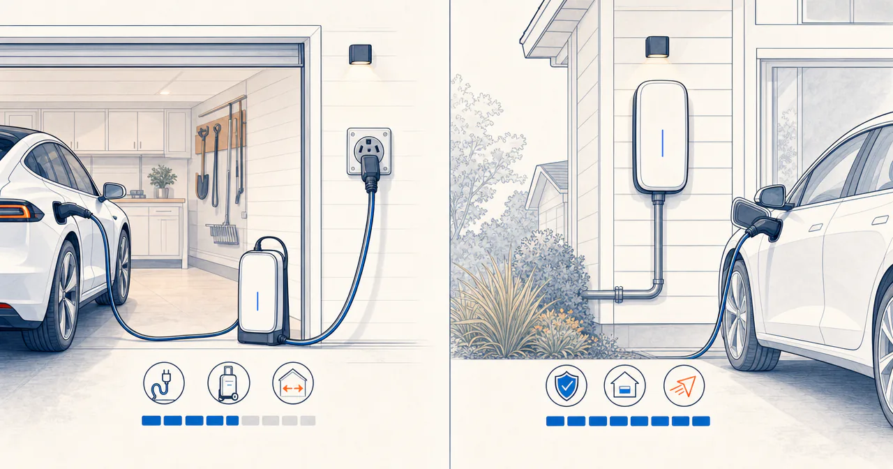 Two home EV charging setups, one with a NEMA 14-50 receptacle and one hardwired