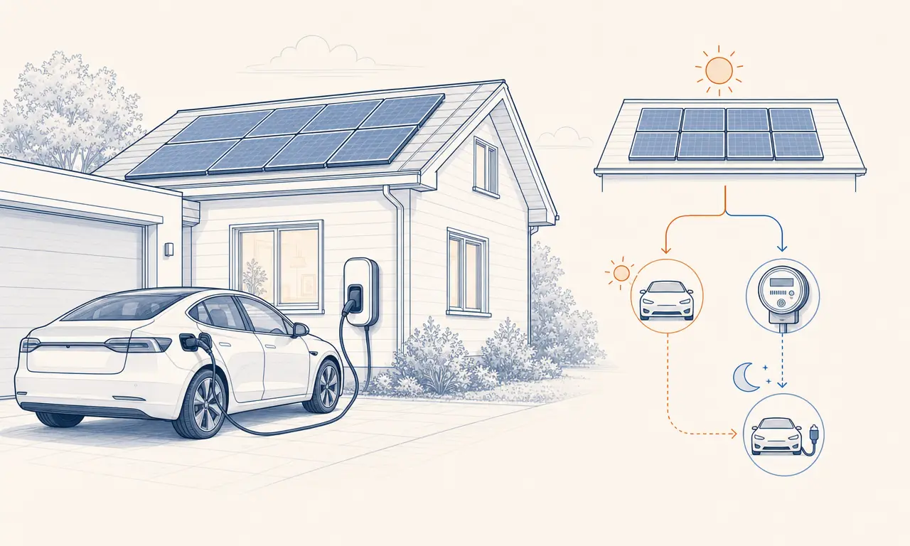 Rooftop solar panels powering an electric vehicle at a home charger