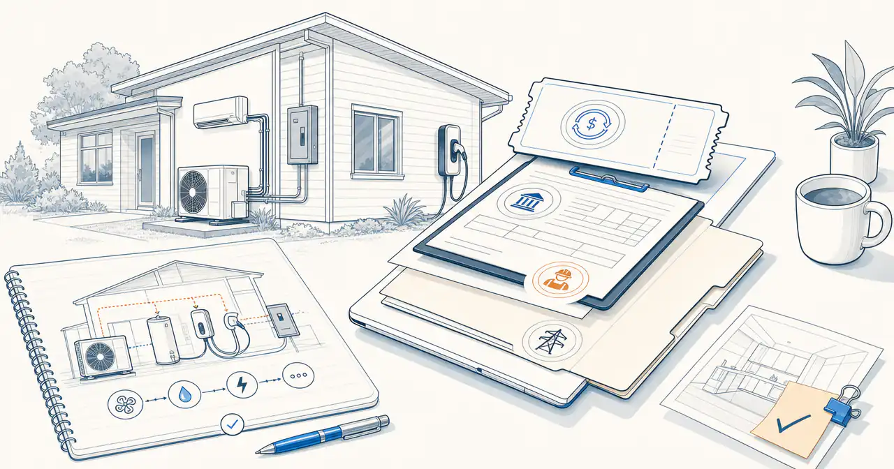 Home energy upgrade plans with rebate and tax-credit paperwork