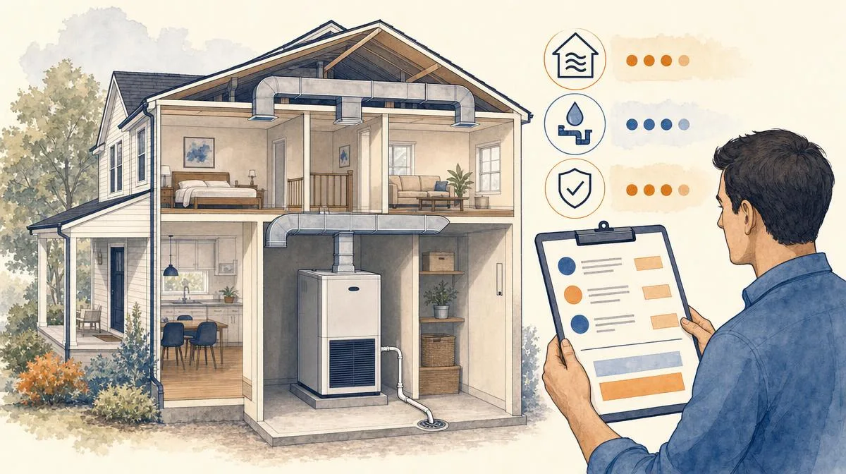 Whole-house dehumidifier beside ductwork, a condensate drain, and a homeowner cost plan