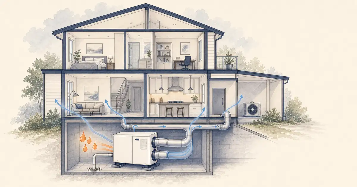 Cutaway home showing a whole-house dehumidifier connected to ductwork and a condensate drain
