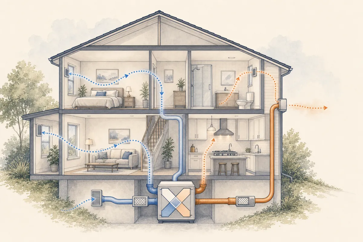 Cross-section of a home with balanced ventilation airflow and a heat-recovery ventilator