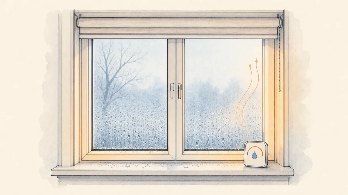 Condensation on a winter window with a humidity meter on the sill.