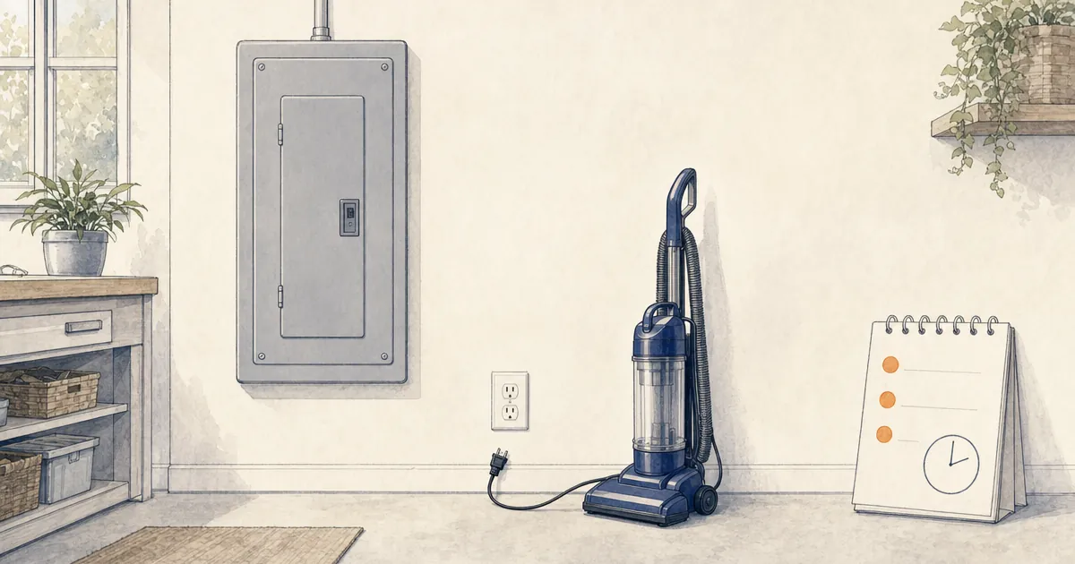 Closed electrical panel beside an unplugged vacuum and a trip-observation notebook