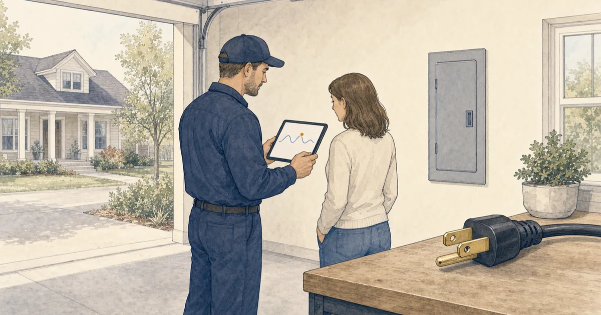 Electrician and homeowner review a tablet beside a closed electrical panel, with a three-prong plug in the foreground.