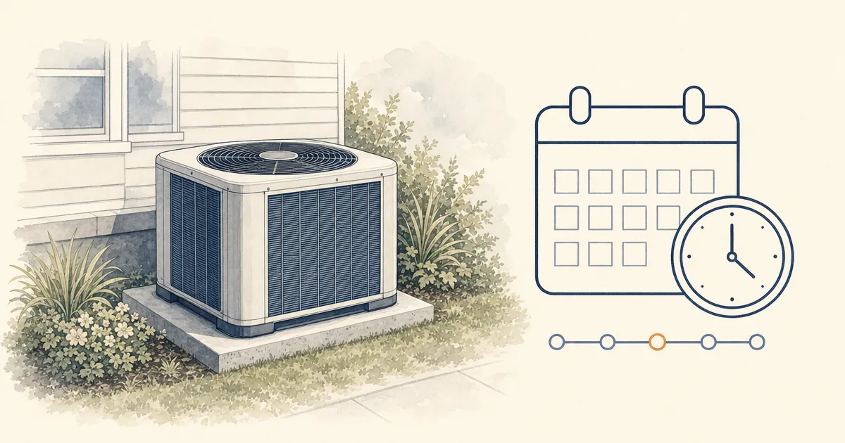 Closed central AC condenser beside a calendar and age-planning timeline