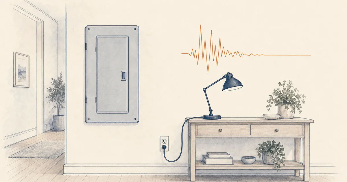 Closed electrical panel beside a desk lamp, with an orange pulse graphic