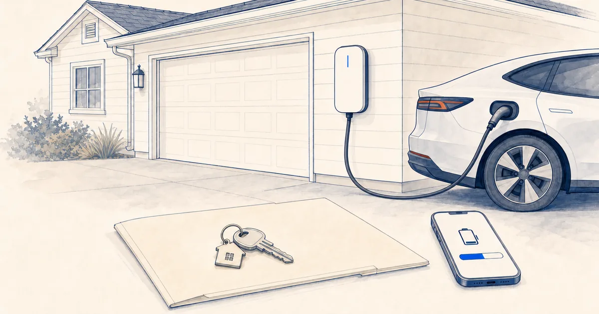 Electric car charging beside a home garage, with house keys, a folder and a phone battery display.