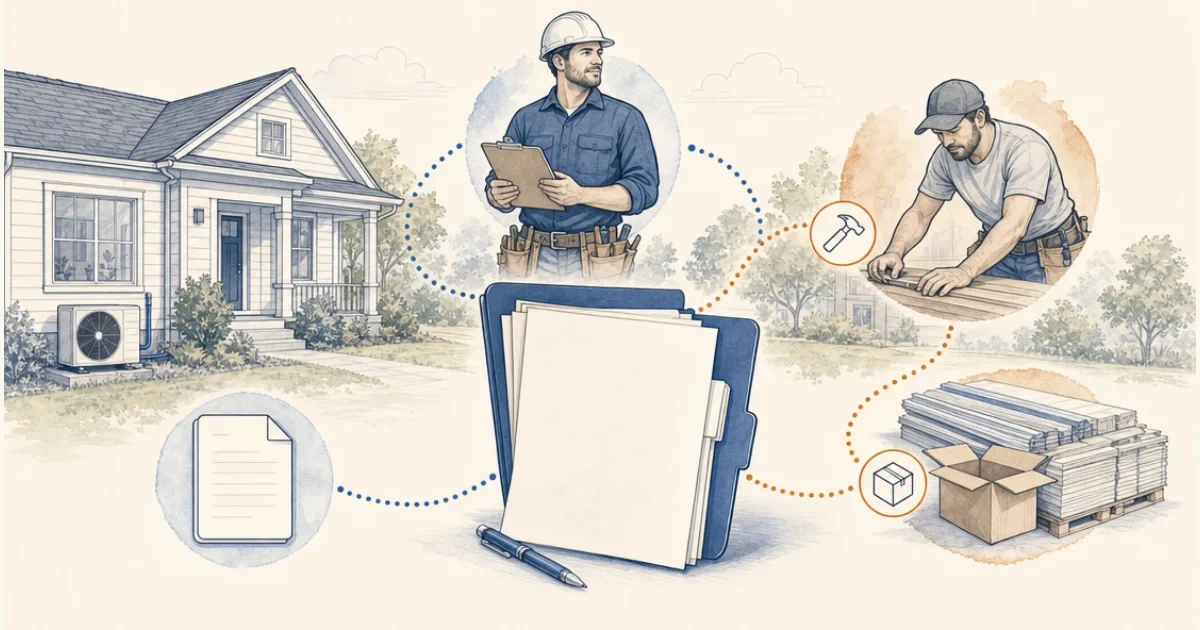 House, payment folder, contractor, subcontractor, and materials box connected by dotted paths