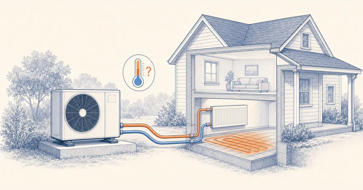 Outdoor heat pump connected to a cutaway house with a radiator, radiant floor, and temperature symbol.