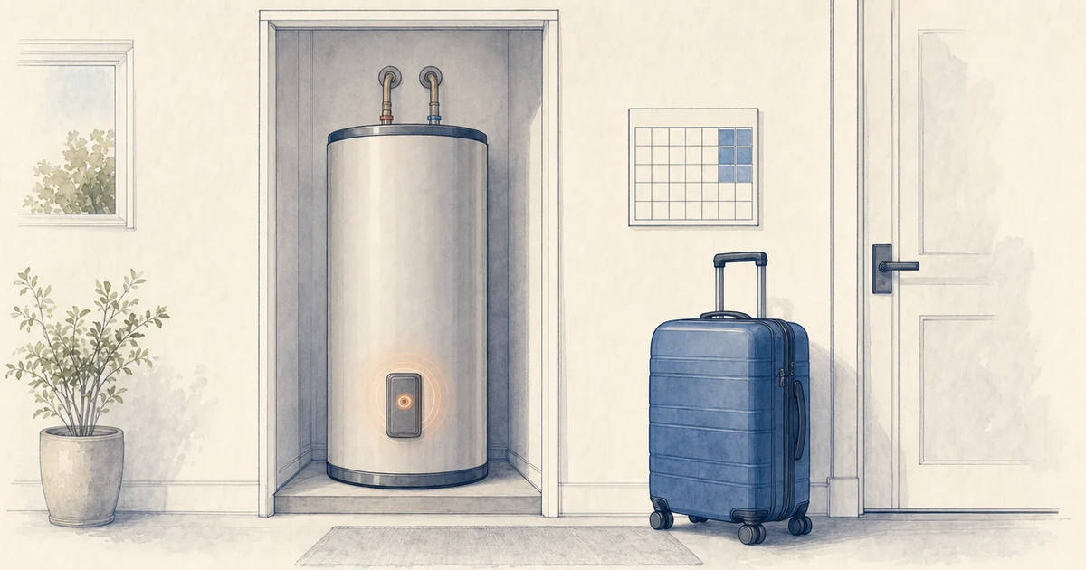 Storage water heater beside packed luggage and an away-period calendar cue