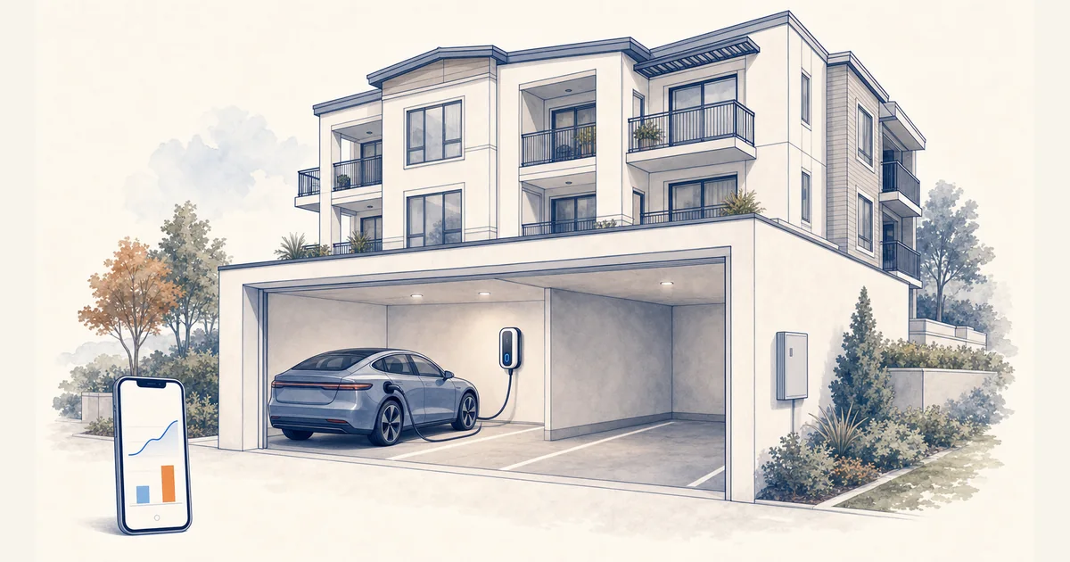 Condo garage with a parked electric car, private wall charger, closed electrical cabinet and phone charging-cost chart.