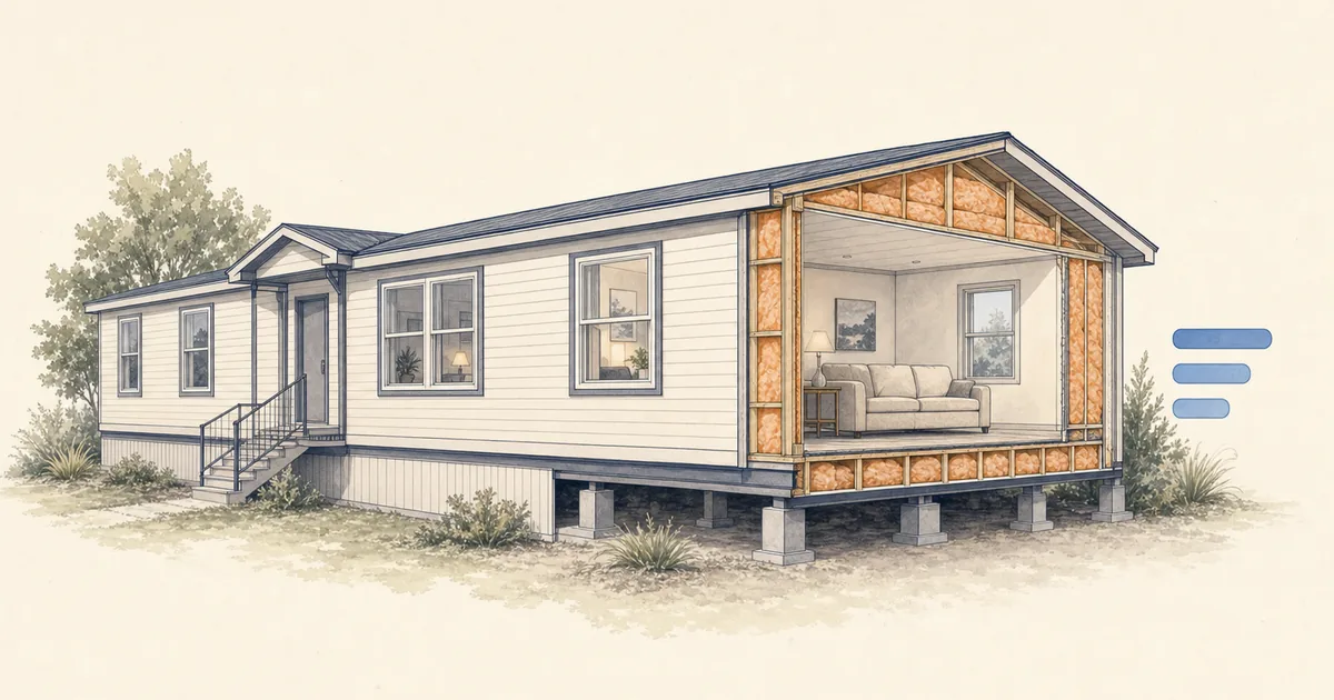 Manufactured home cutaway showing roof, wall and floor insulation areas