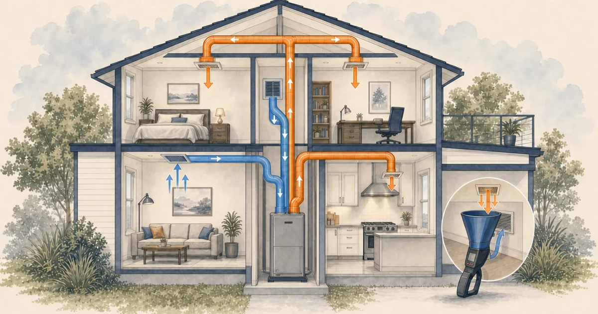 Cutaway home showing orange supply airflow, blue return air, and an airflow hood at a register