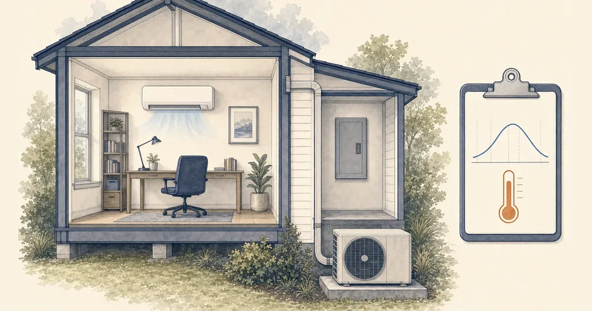 Wall-mounted mini-split serving a room beside a closed electrical panel and outdoor unit