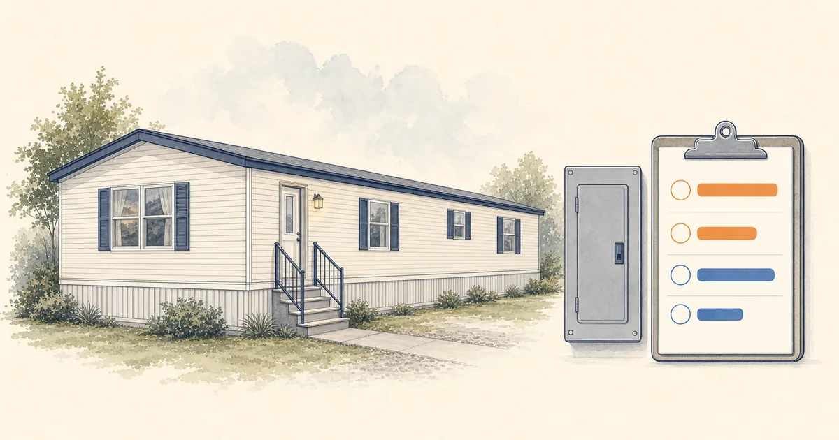 Mobile home beside a closed electrical panel and a quote-scope checklist