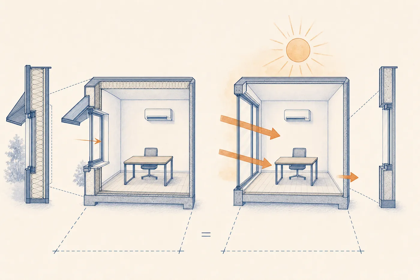 Equal-size rooms with different insulation and sun exposure have different heating and cooling loads.