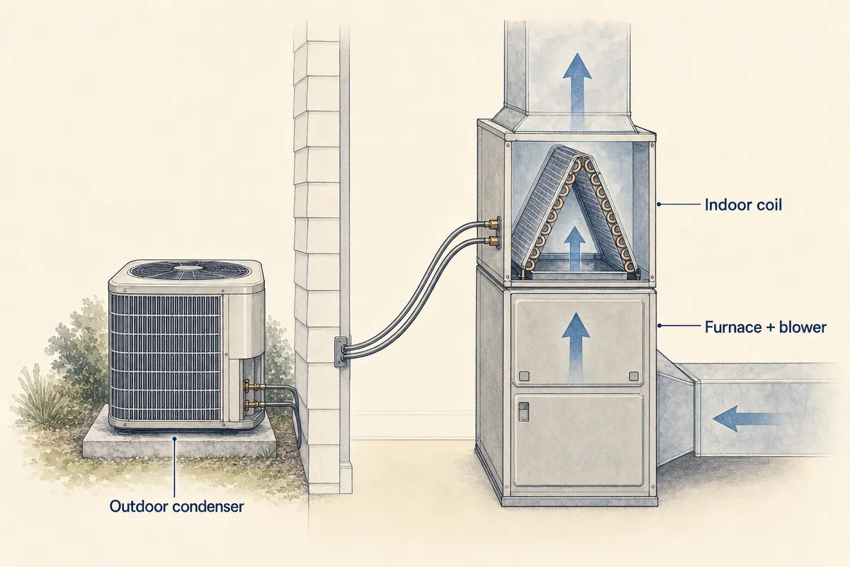 Outdoor condenser connected to an indoor cooling coil above a separate furnace and blower