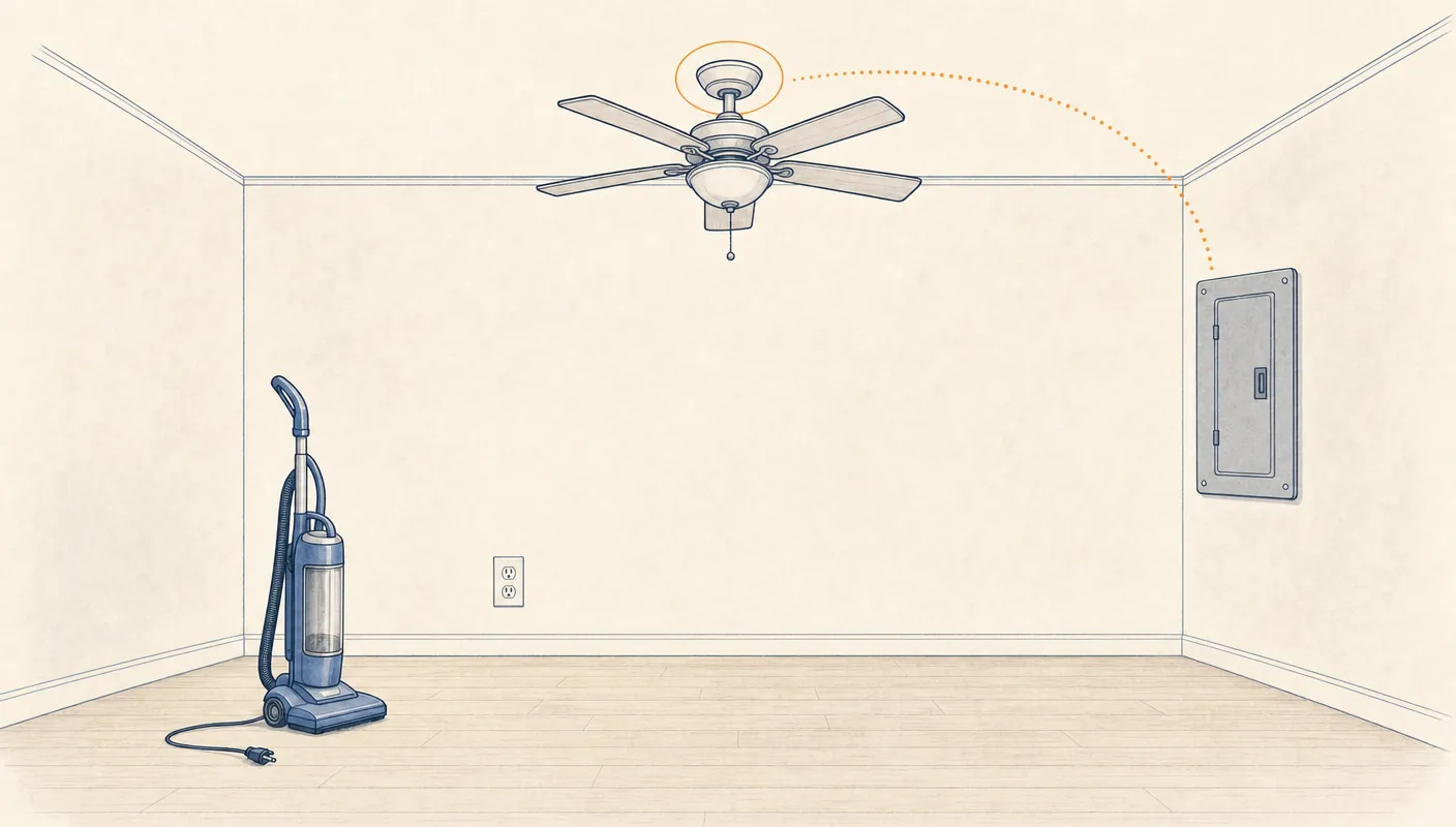 Unplugged vacuum beneath a hardwired ceiling fan beside a closed electrical panel