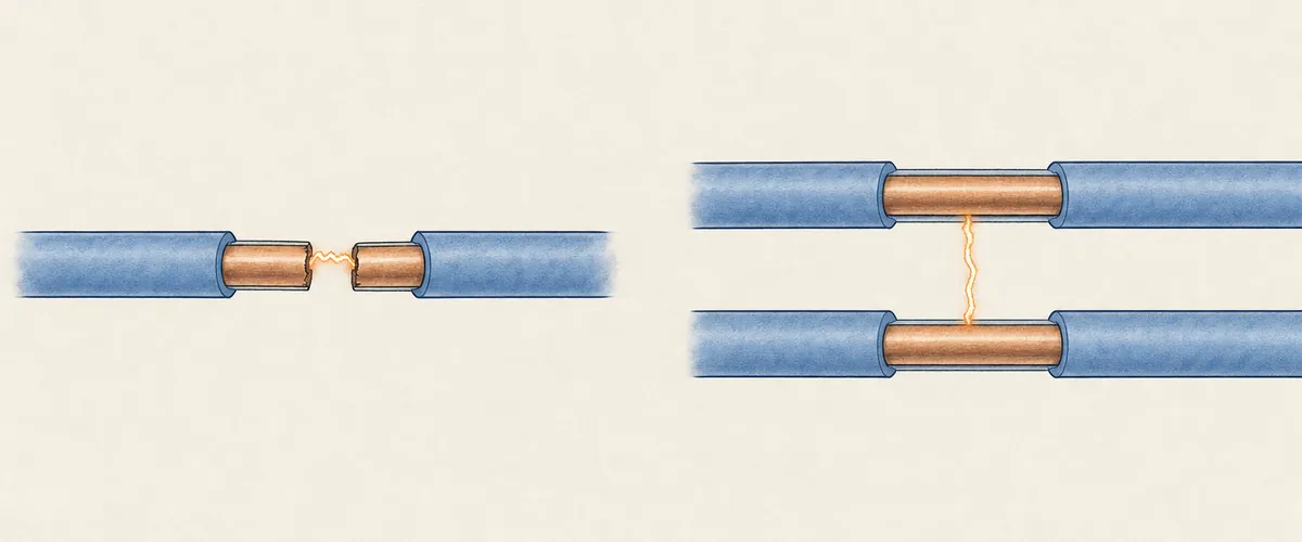 Series arc across one broken conductor, left, and parallel arc between two conductors, right