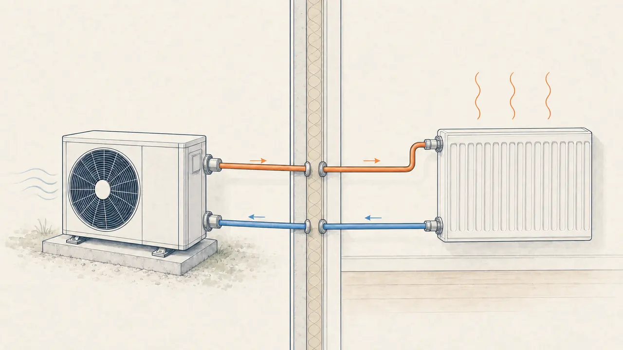 Outdoor heat pump connected by supply and return pipes to an indoor hydronic radiator