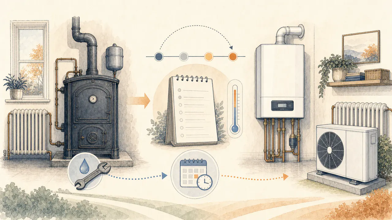 Editorial comparison of an aging cast-iron boiler, a modern condensing boiler, and a planned heating upgrade