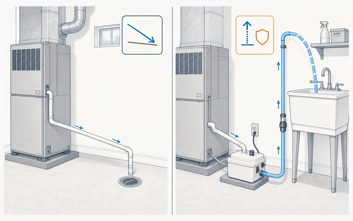 Gravity drain and pumped condensate routes shown side by side