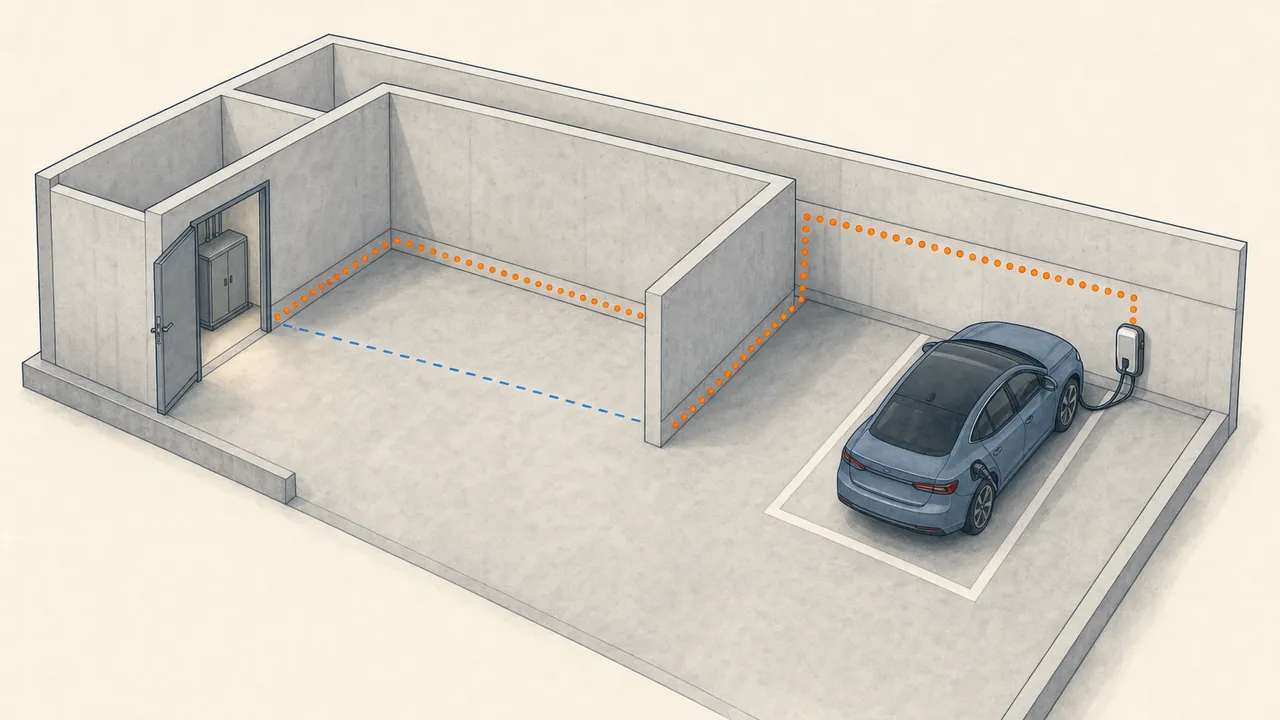 Condo garage layout with a longer perimeter route around a partition to a private charger
