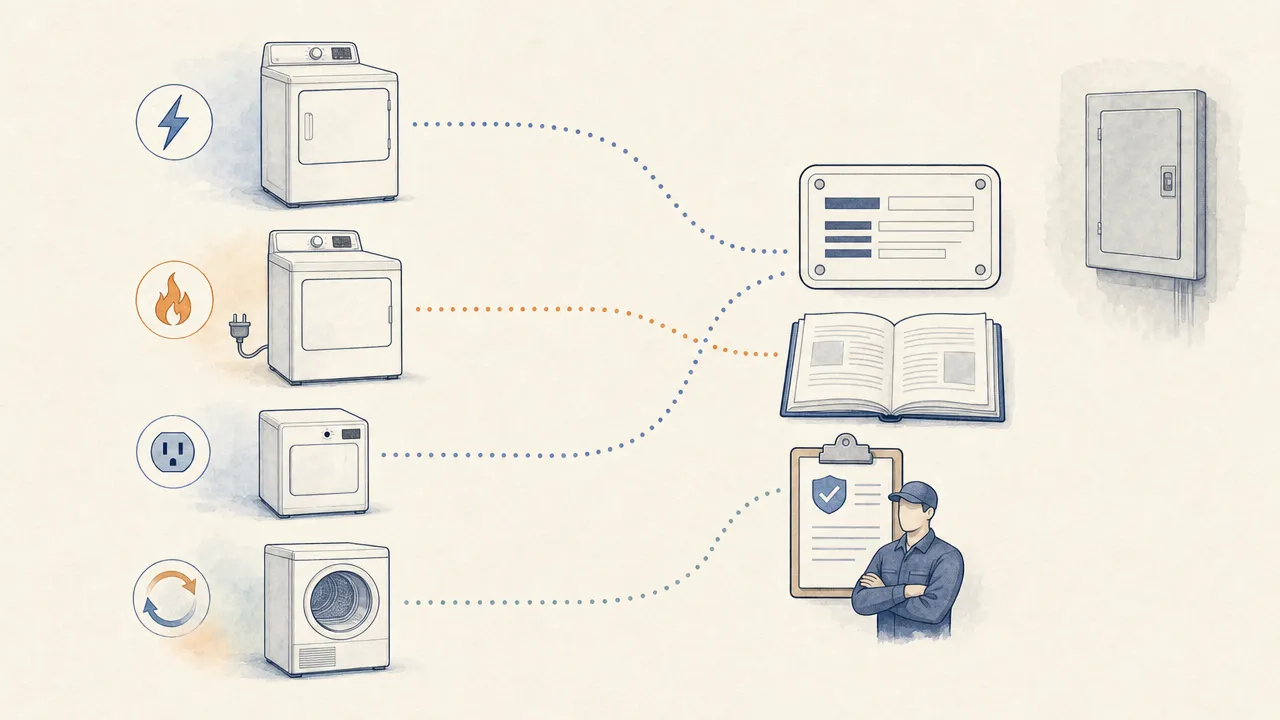 Four dryer types converging on the model nameplate, installation manual, and electrician review