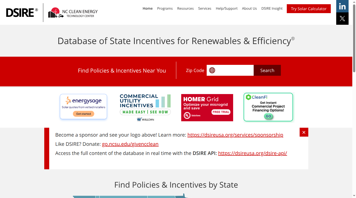 DSIRE homepage with a ZIP-code incentive lookup