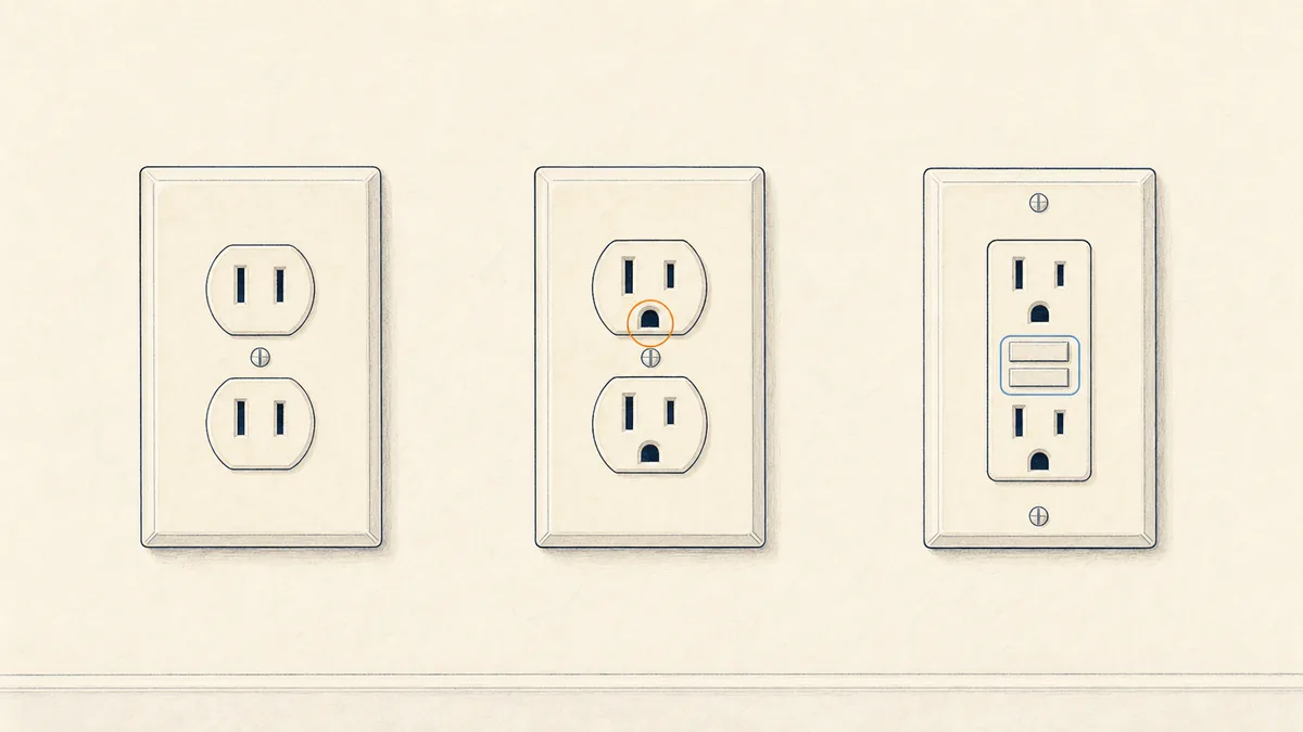 Two-slot, three-slot, and GFCI receptacle faces with the wiring concealed behind the wall