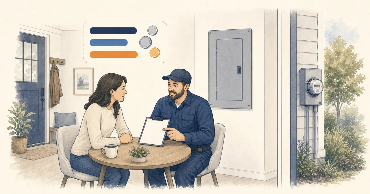 Homeowner and licensed electrician reviewing an electrical inspection report beside a closed panel and exterior meter
