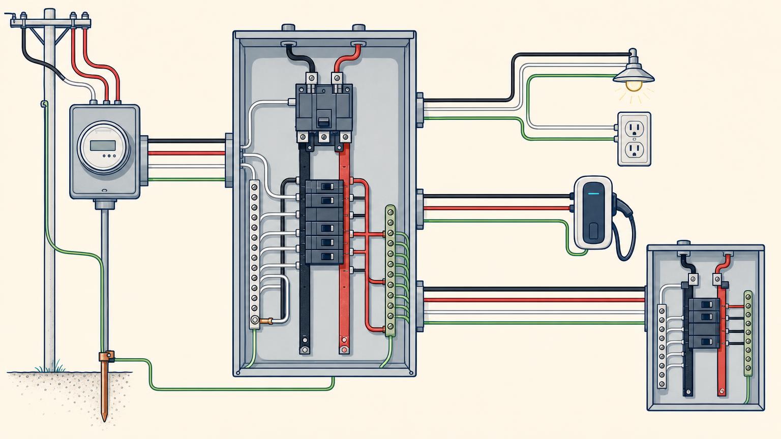 Simplified electrical panel power flow from the utility meter to branch circuits and a subpanel